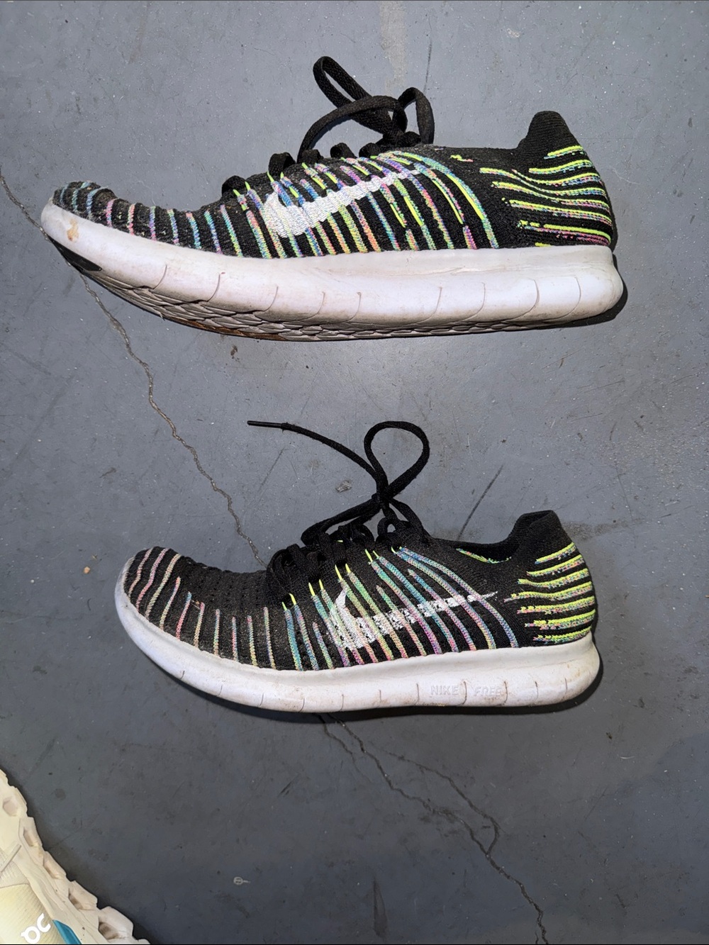 Nike Free Rn Rainbow  Flyknit Sneakers with Neon Stripe Accents sz9